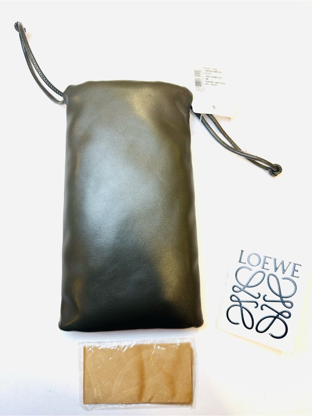 Loewe Sunglass Puffer Pouch Olive Green Drawstring Bag Case w/ Cleaning cloth - Picture 5 of 7